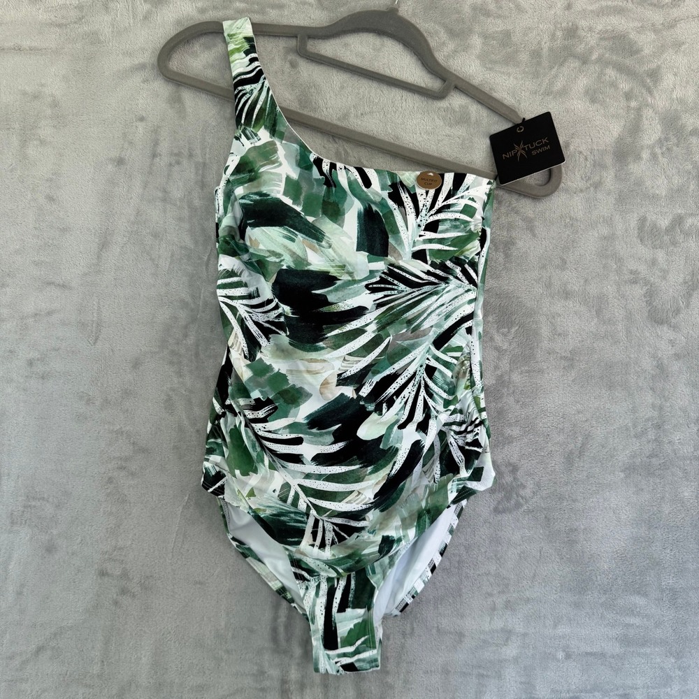 NWT Nip Tuck Swim One Shoulder Tropical Palm Print Swimsuit Green NN1032COG US 6